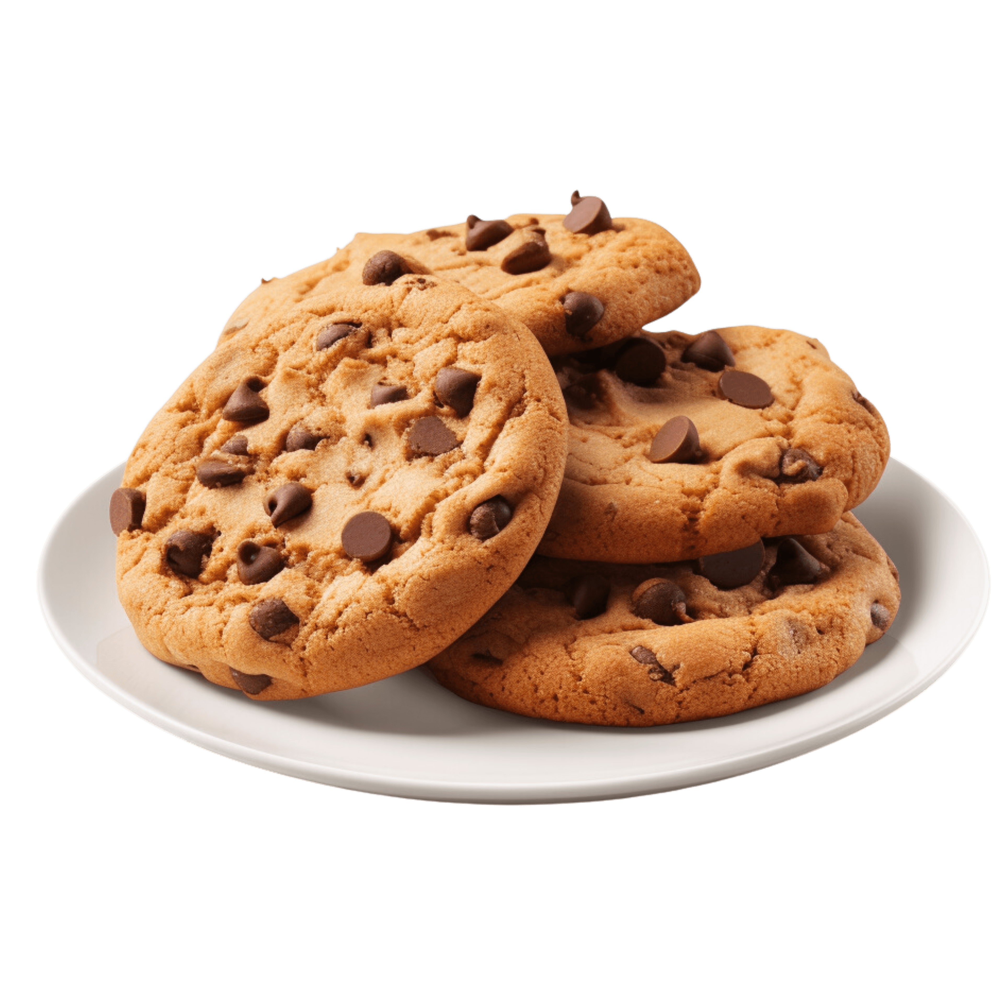 Stack of chocolate chip cookies on a white plate